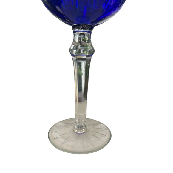 Vintage Cobalt Blue Cut Crystal Wine Goblet With Clear Stem - Picture 5 of 6
